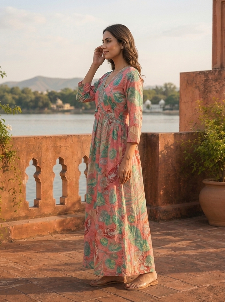 Rose Pink Cotton Monstera And Tropical Leaves Dress