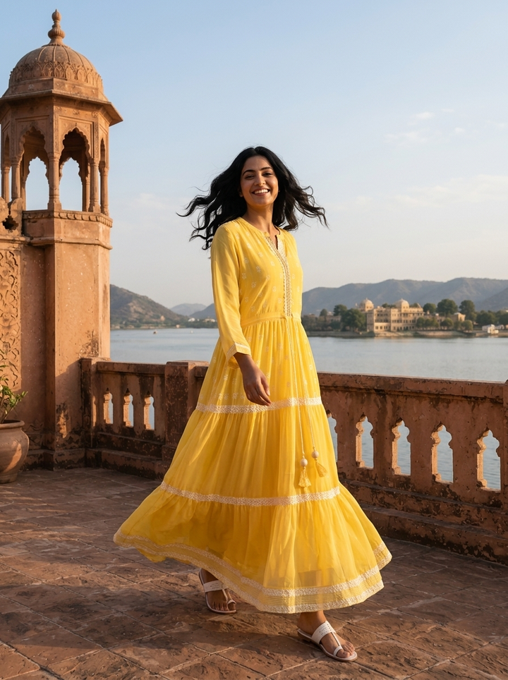 Yellow Georgette Turquoise Lace Trim Embroidered Dress