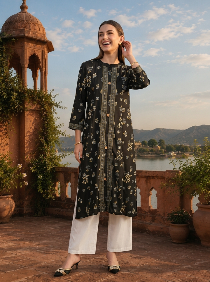 Black Rayon Delicate Scattered Motifs Printed Kurta
