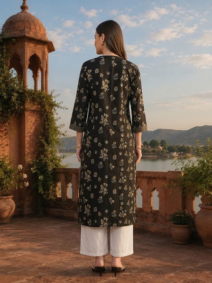 Black Rayon Delicate Scattered Motifs Printed Kurta
