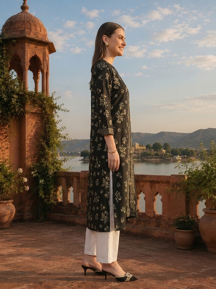 Black Rayon Delicate Scattered Motifs Printed Kurta
