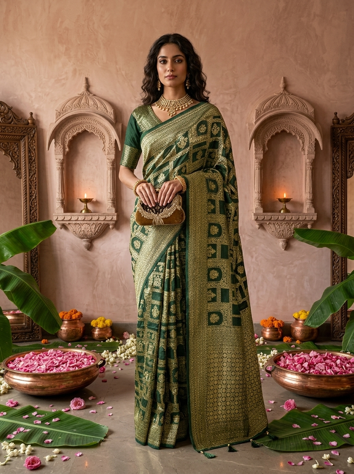 Bottle Green Banaras Weaved Saree