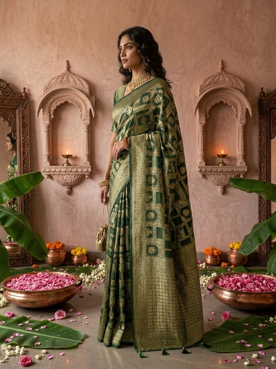 Bottle Green Banaras Weaved Saree