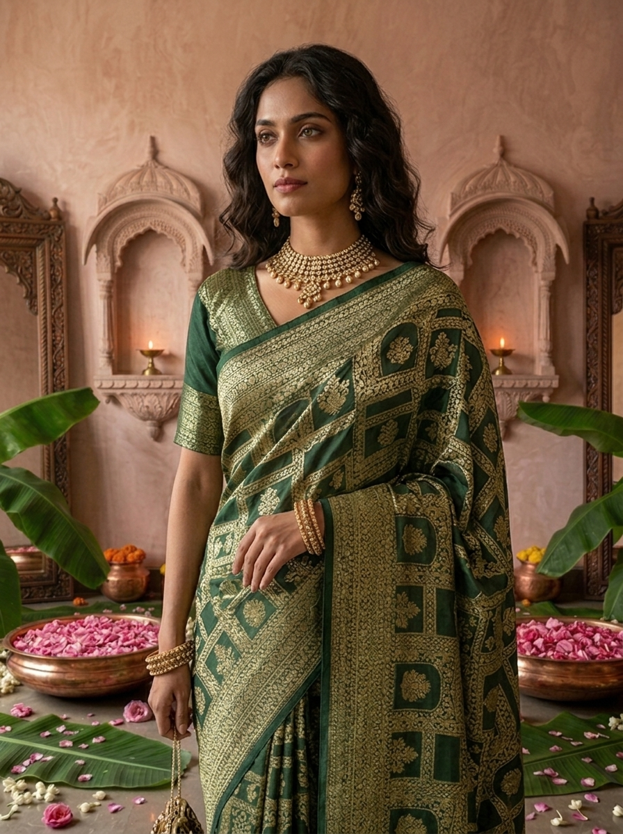 Bottle Green Banaras Weaved Saree