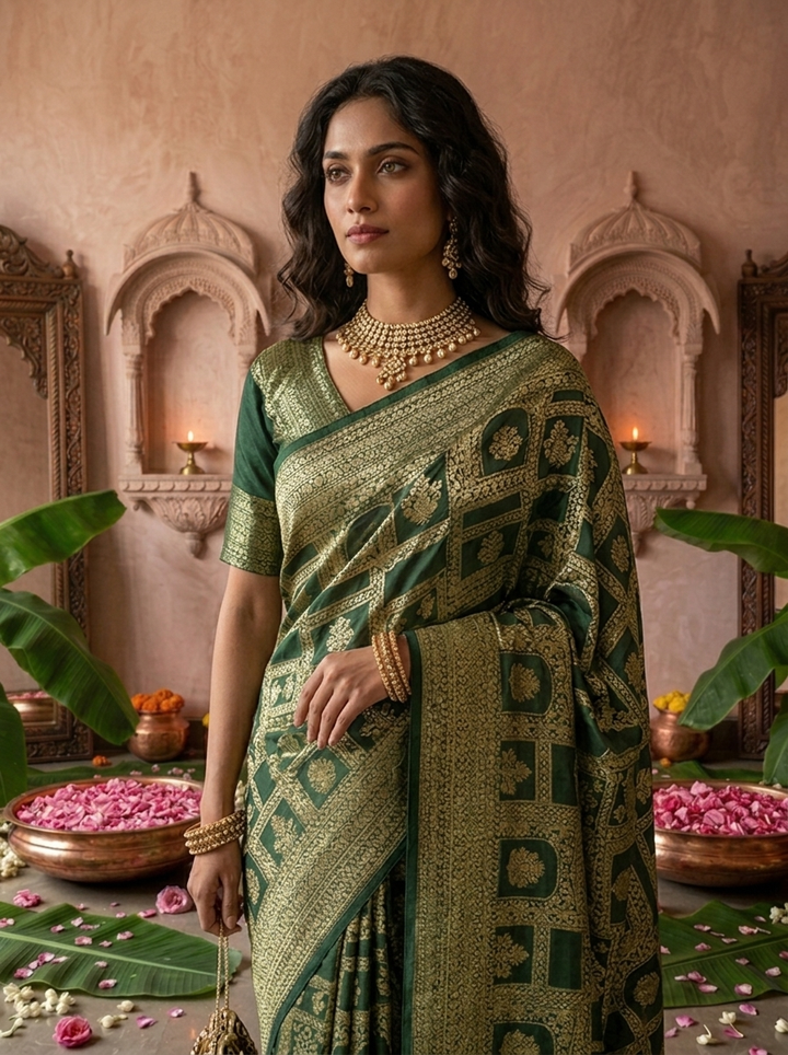 Bottle Green Banaras Weaved Saree