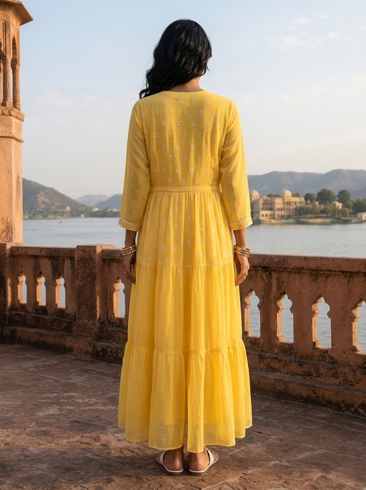 Yellow Georgette Turquoise Lace Trim Embroidered Dress