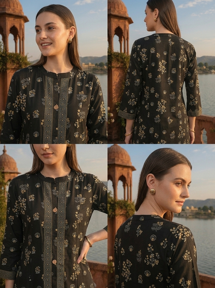 Black Rayon Delicate Scattered Motifs Printed Kurta