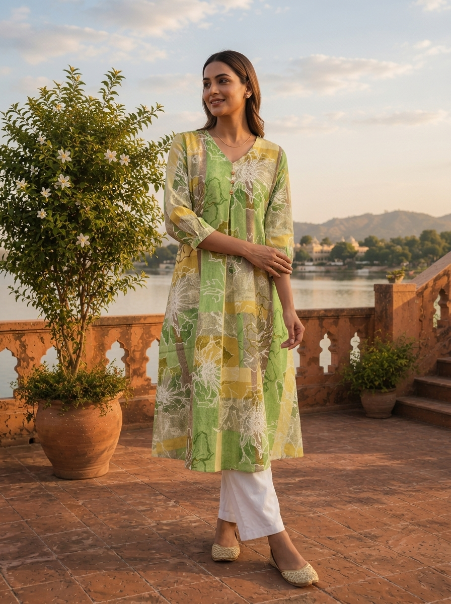 Green Cotton Color Block Printed Kurta