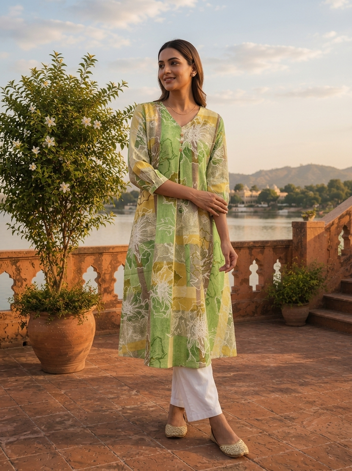 Green Cotton Color Block Printed Kurta