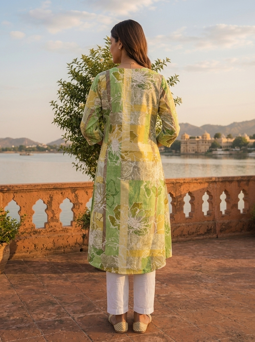 Green Cotton Color Block Printed Kurta