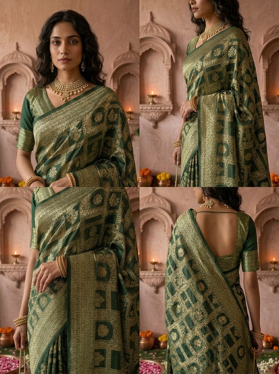 Bottle Green Banaras Weaved Saree
