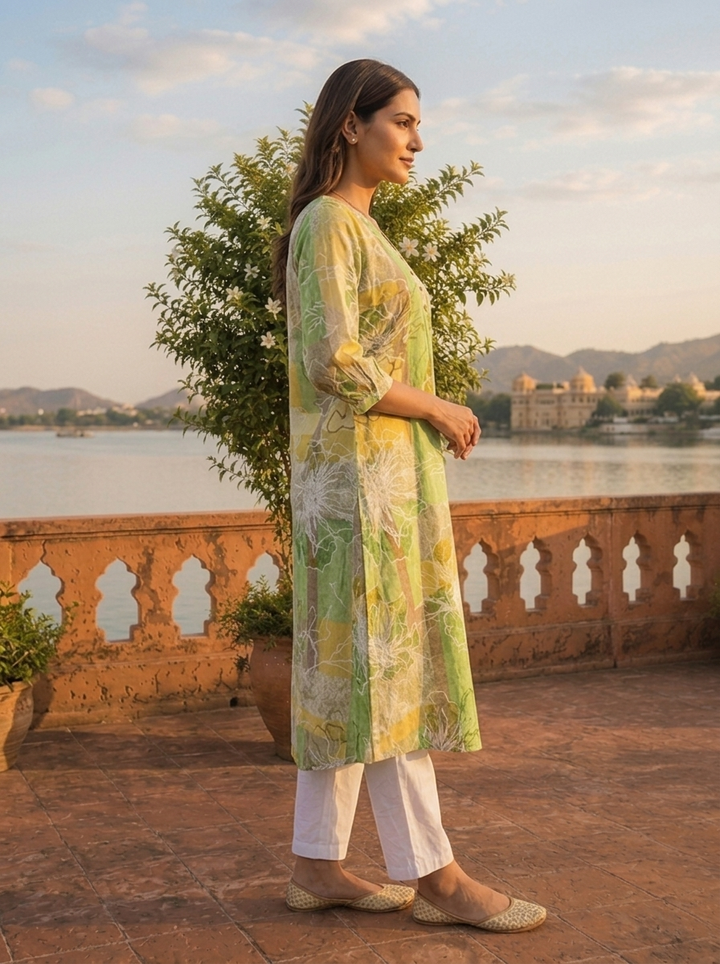 Green Cotton Color Block Printed Kurta