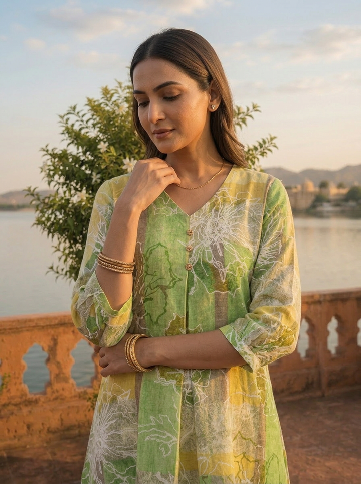 Green Cotton Color Block Printed Kurta