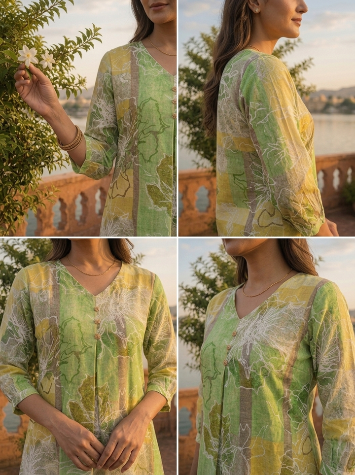 Green Cotton Color Block Printed Kurta