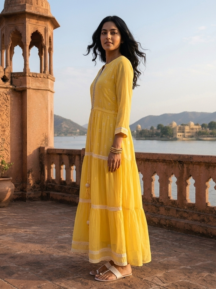 Yellow Georgette Turquoise Lace Trim Embroidered Dress