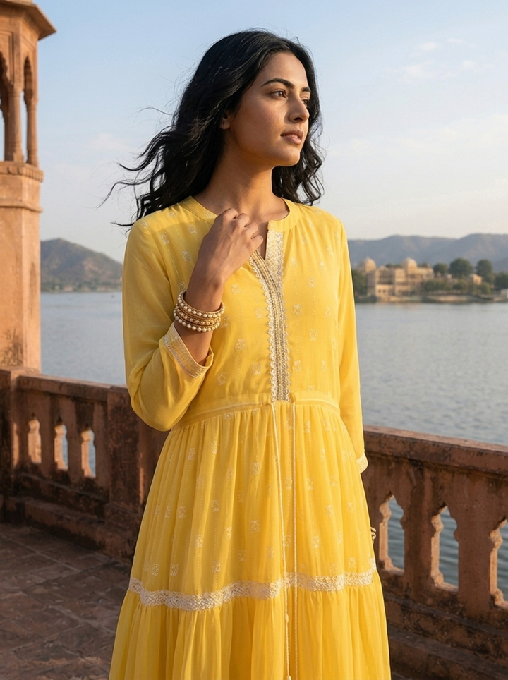 Yellow Georgette Turquoise Lace Trim Embroidered Dress