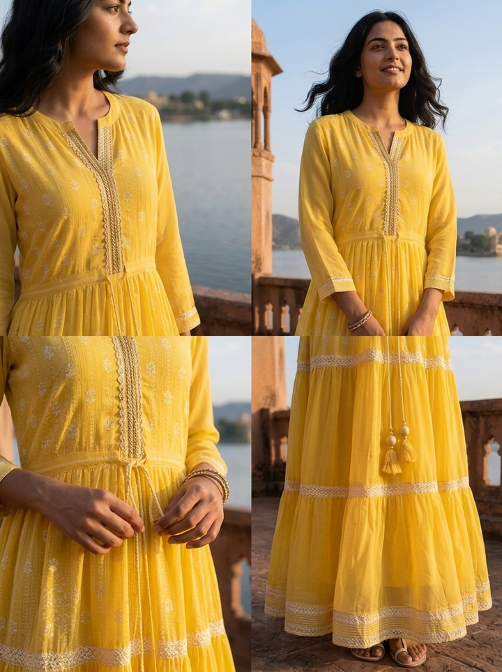 Yellow Georgette Turquoise Lace Trim Embroidered Dress