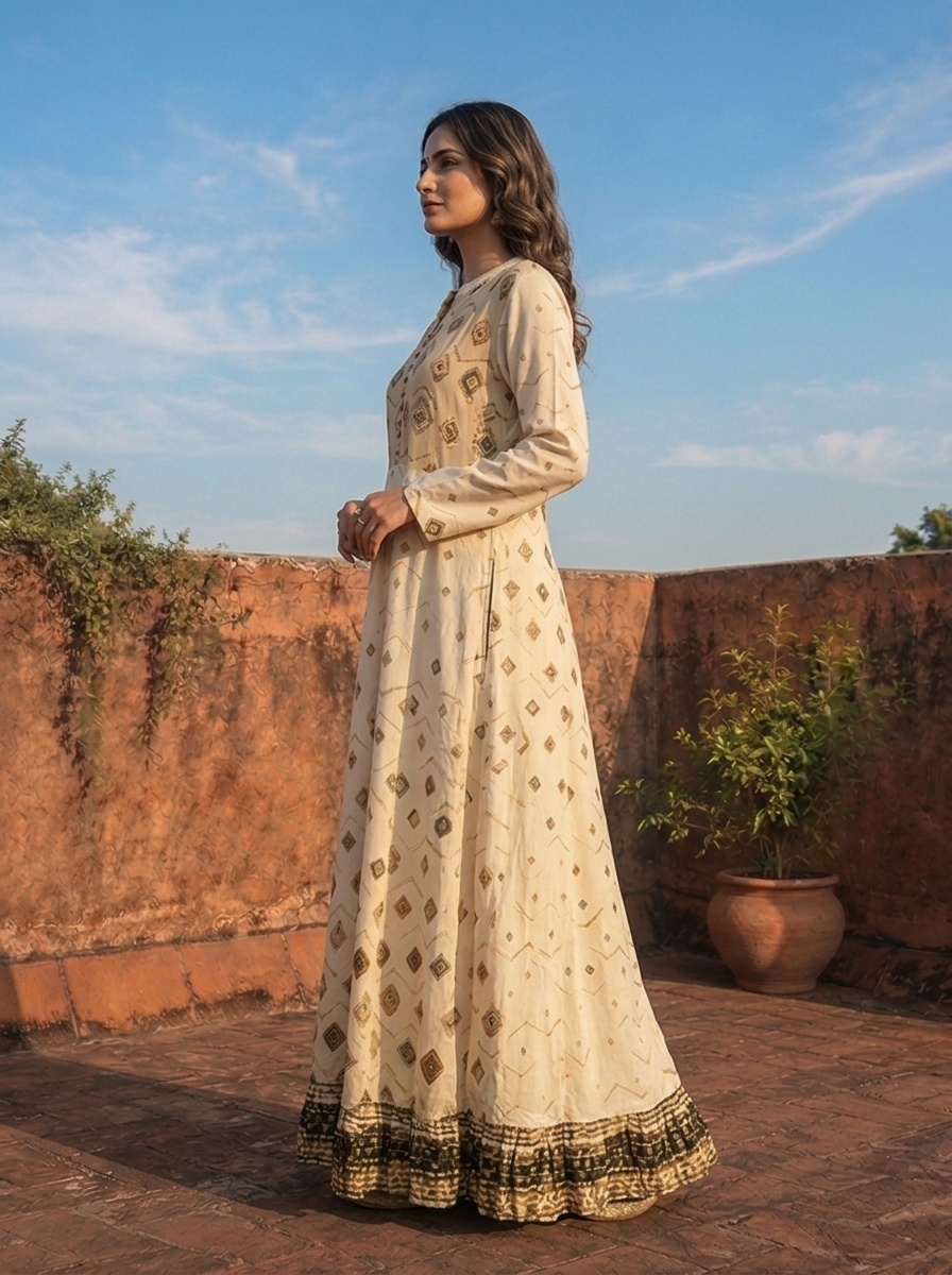 Beige Rayon Earthy Diamond Design Printed Dress
