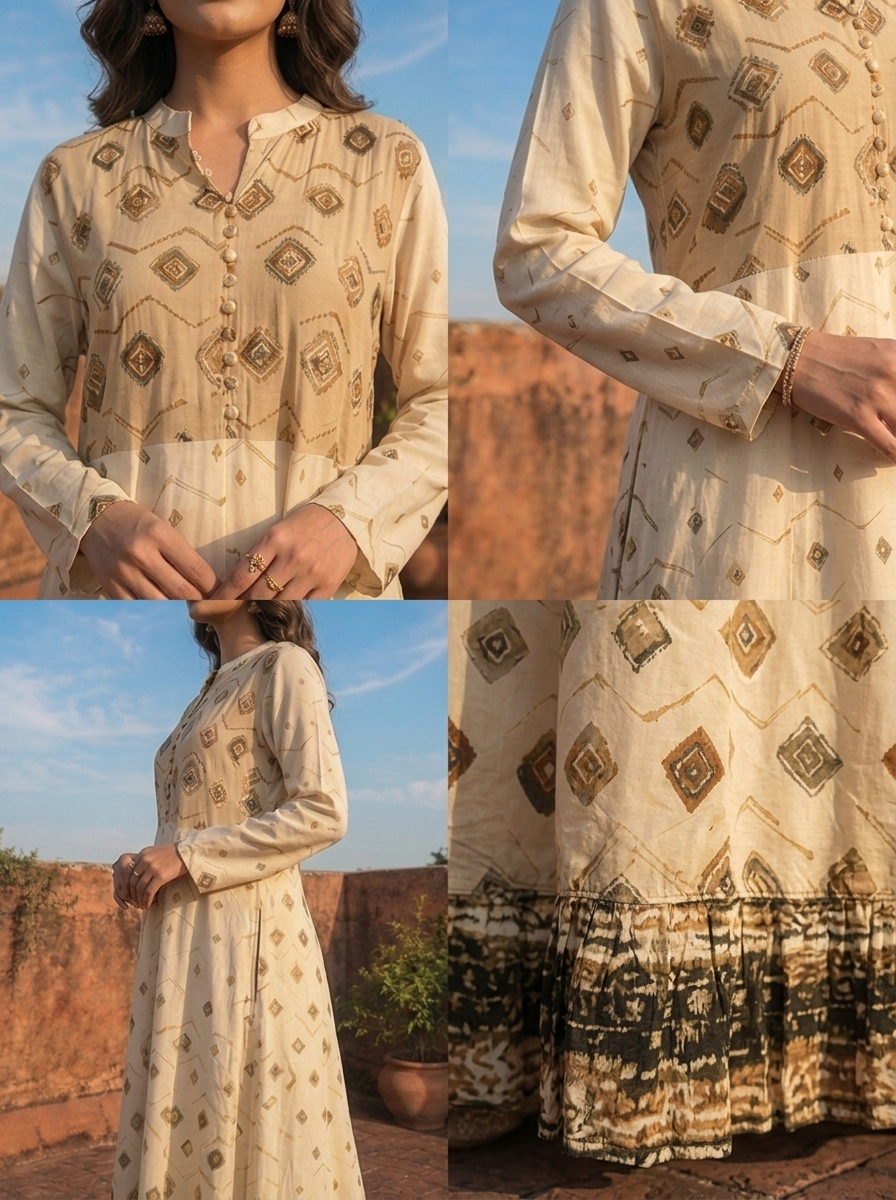 Beige Rayon Earthy Diamond Design Printed Dress