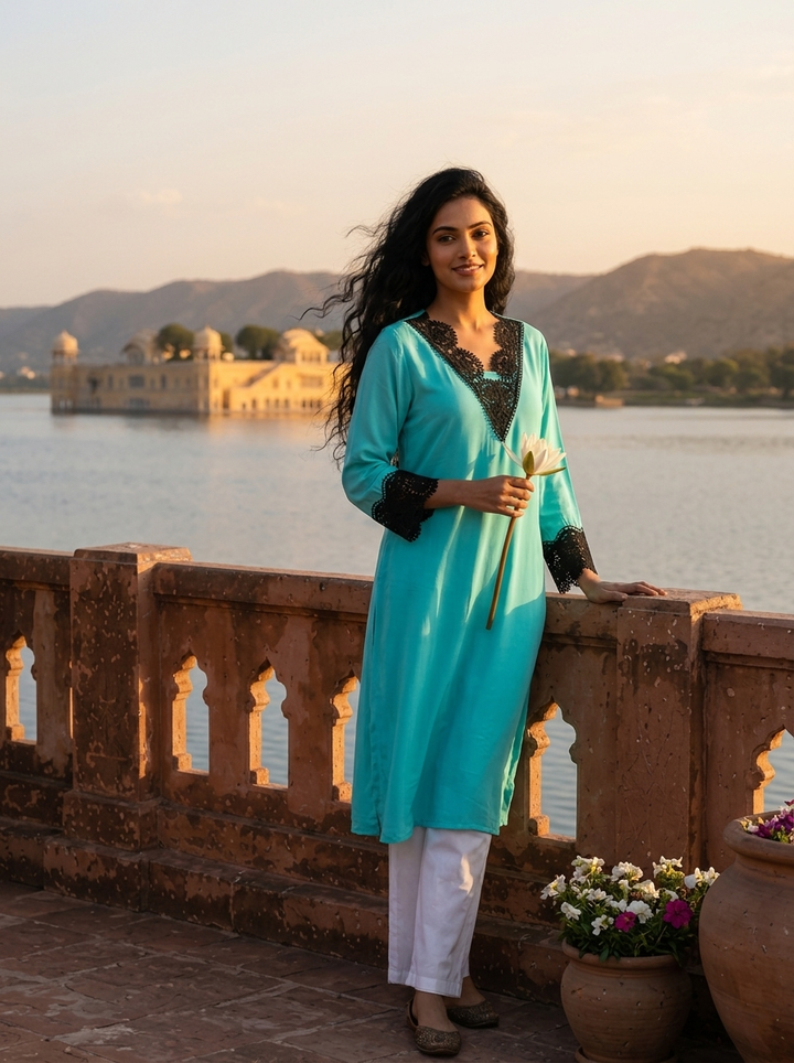 Ferozi Rayon Solid With Crochet Cutwork Lace Kurta