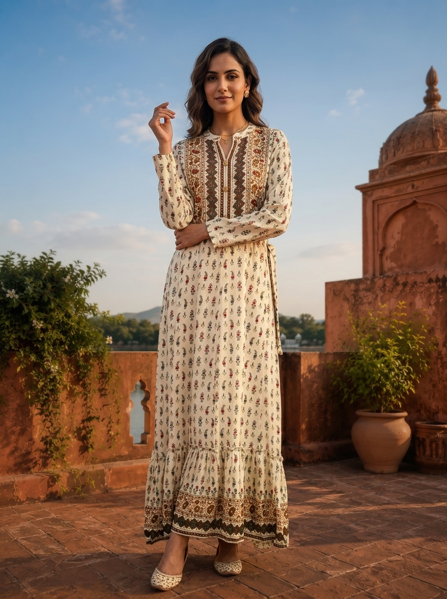 Cream Rayon Floral Buti Printed Dress