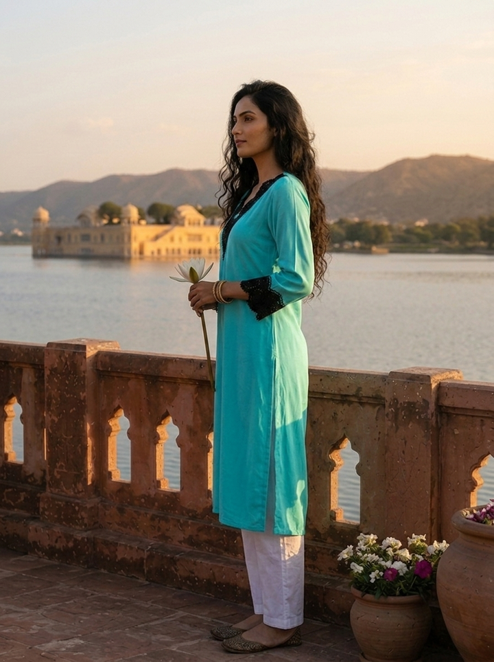 Ferozi Rayon Solid With Crochet Cutwork Lace Kurta