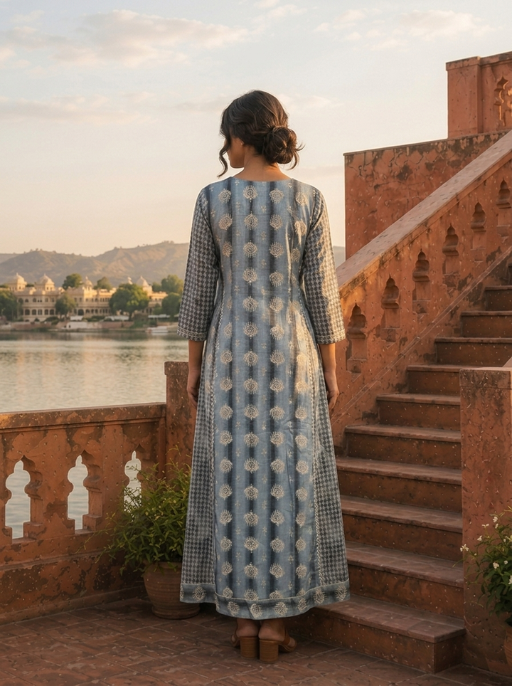 Grey Rayon Geometric Diamond Printed Dress