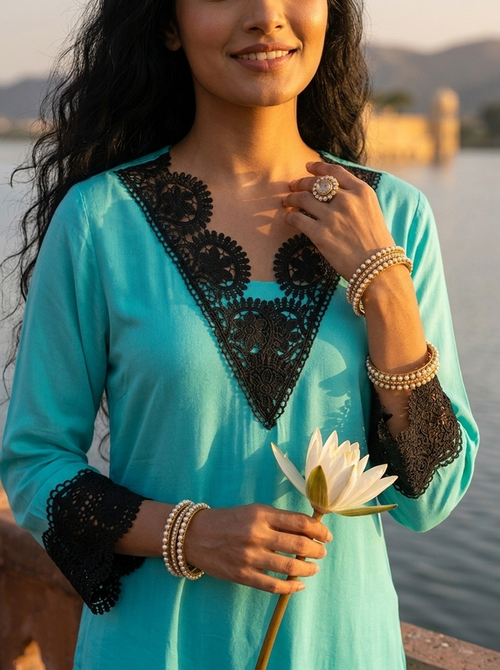 Ferozi Rayon Solid With Crochet Cutwork Lace Kurta