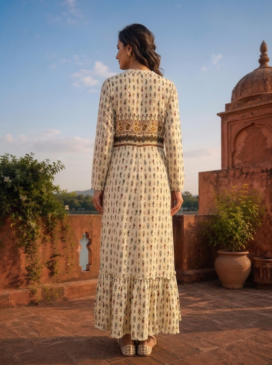 Cream Rayon Floral Buti Printed Dress