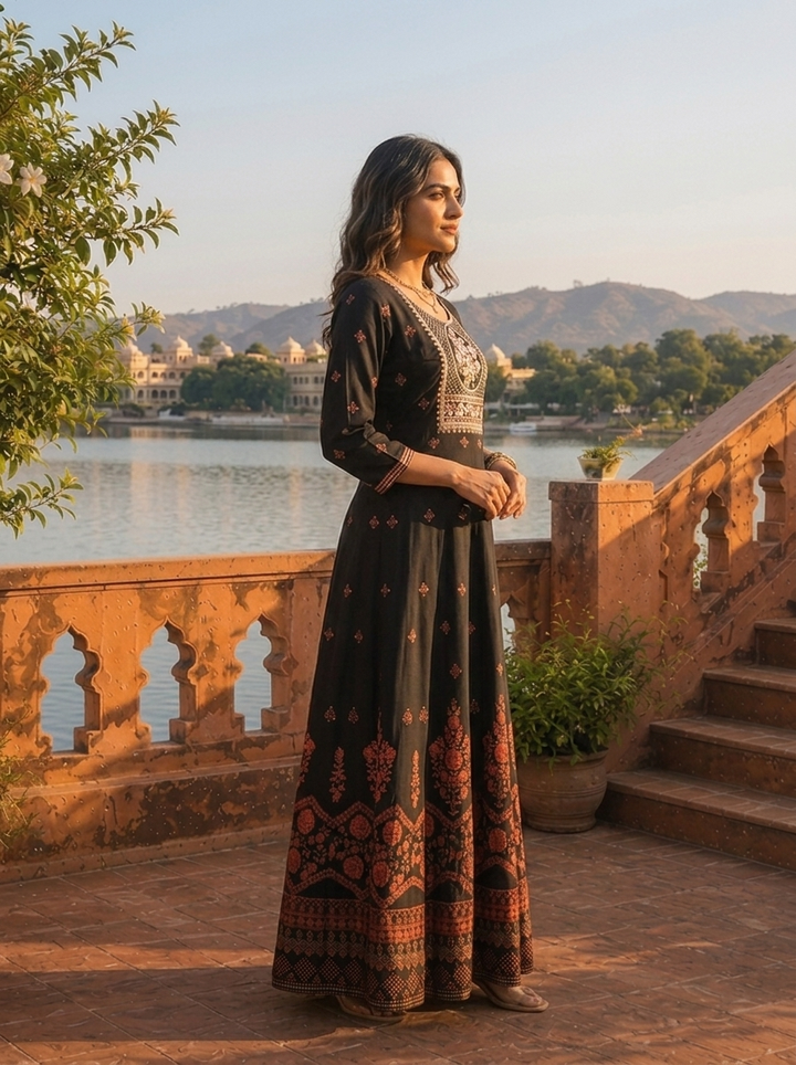 Black Rayon Geometric Resham Embroidered Dress