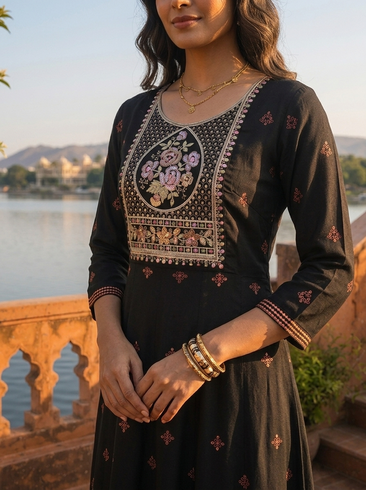 Black Rayon Geometric Resham Embroidered Dress