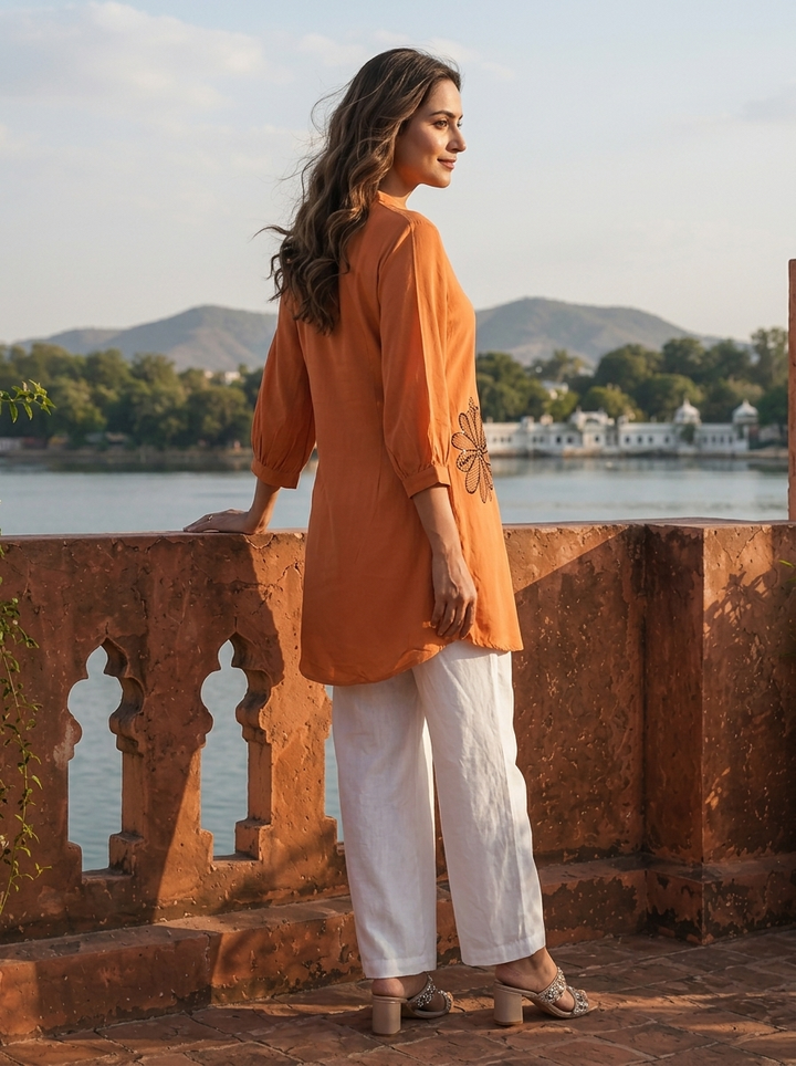 Rust Rayon Floral Applique Motifs Embroidered Tunic Top