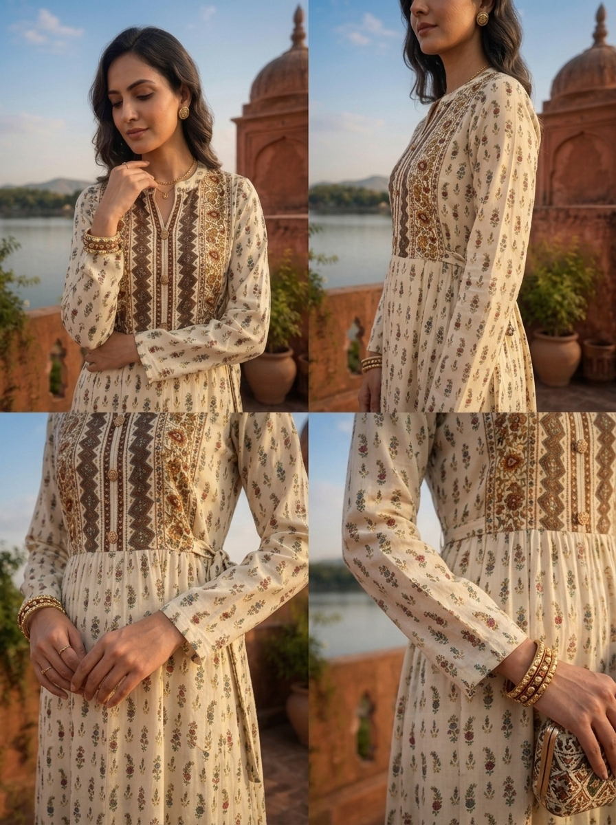 Cream Rayon Floral Buti Printed Dress