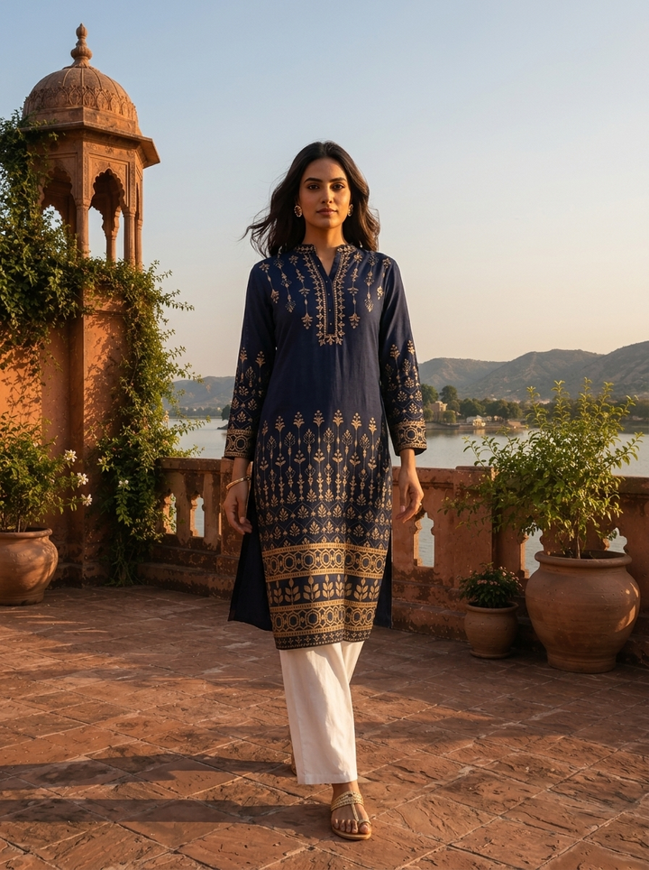 Navy Blue Rayon Gold Geometric Motif Printed Kurta