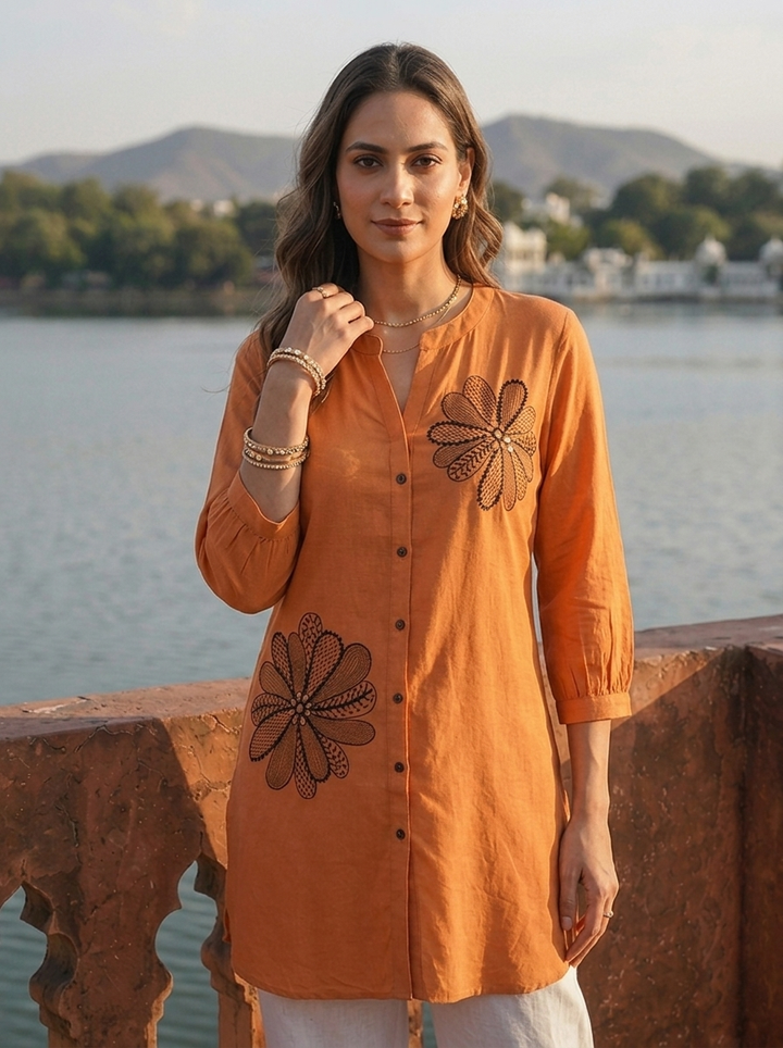 Rust Rayon Floral Applique Motifs Embroidered Tunic Top