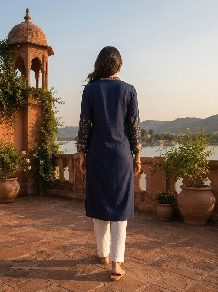 Navy Blue Rayon Gold Geometric Motif Printed Kurta