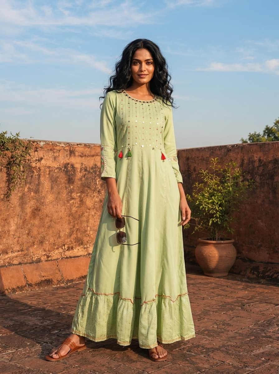 rayon embroidered dresses Pista Ruffle Multi Color Thread Dress Sizes:US 4 Apple Cider Vinaigrette Salad extra_40_l tranquil feel