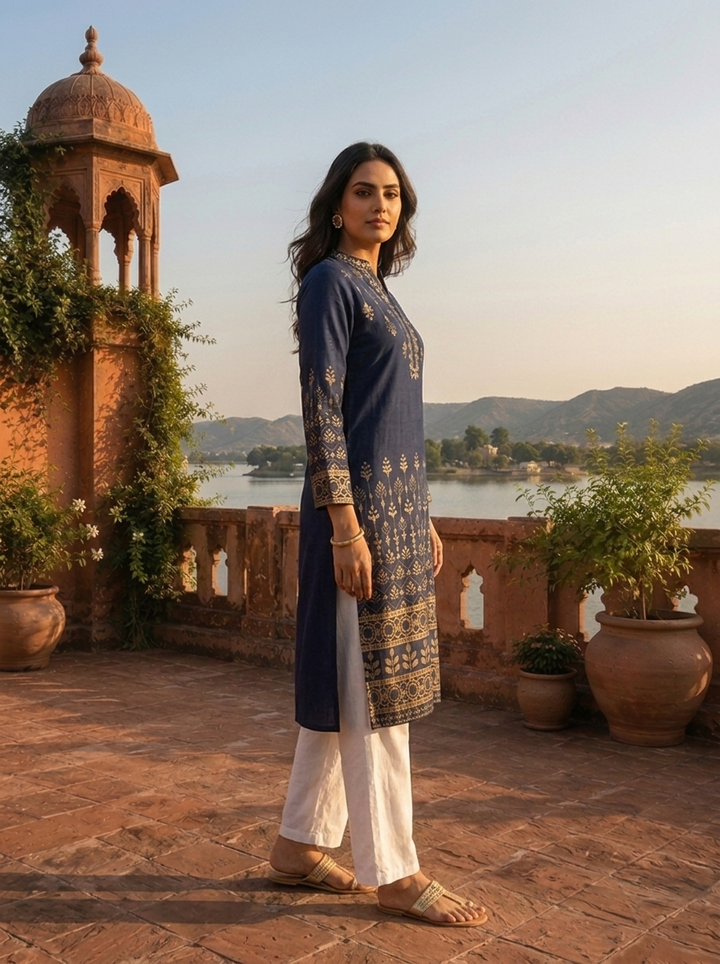 Navy Blue Rayon Gold Geometric Motif Printed Kurta