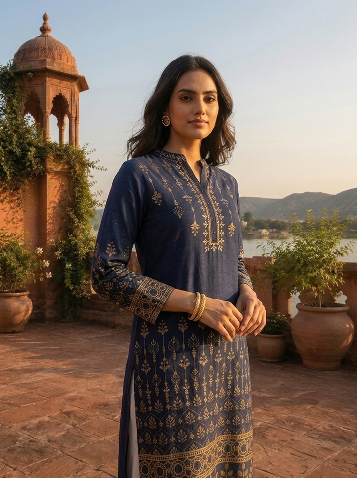 Navy Blue Rayon Gold Geometric Motif Printed Kurta