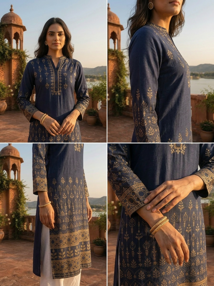 Navy Blue Rayon Gold Geometric Motif Printed Kurta