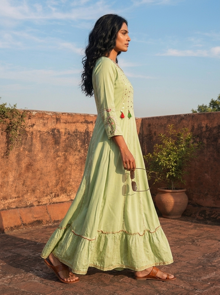 Pista Rayon Ruffle Multi Color Thread Embroidered Dress