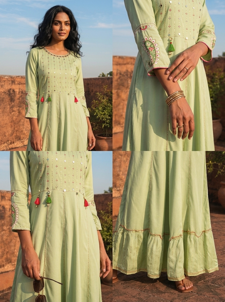 Pista Rayon Ruffle Multi Color Thread Embroidered Dress