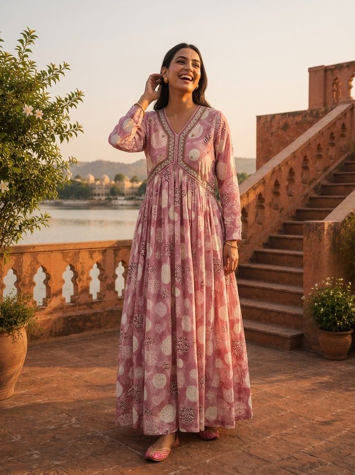 Lilac Rayon Geometric Circle Printed Dress