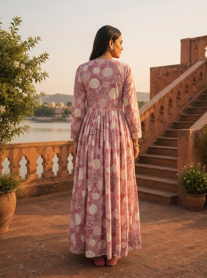 Lilac Rayon Geometric Circle Printed Dress