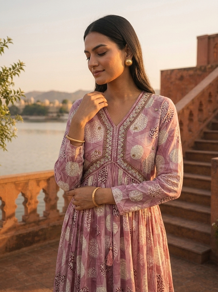 Lilac Rayon Geometric Circle Printed Dress