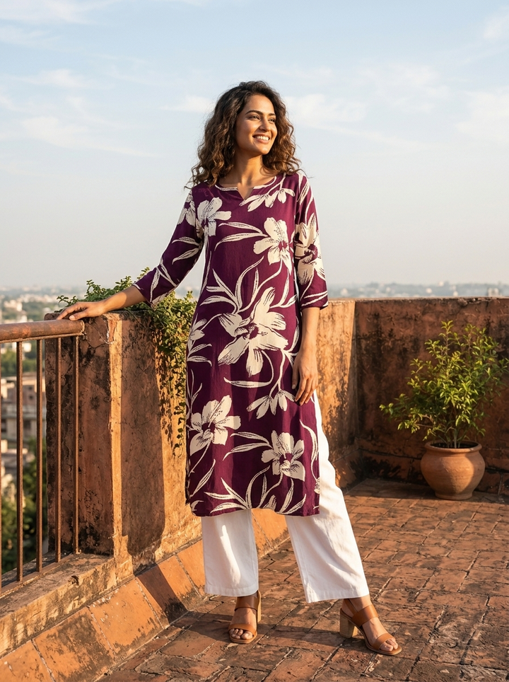 Wine Rayon Bold Floral Printed Kurta