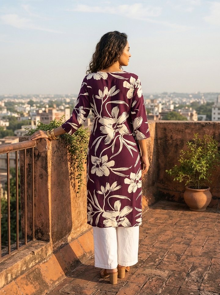 Wine Rayon Bold Floral Printed Kurta