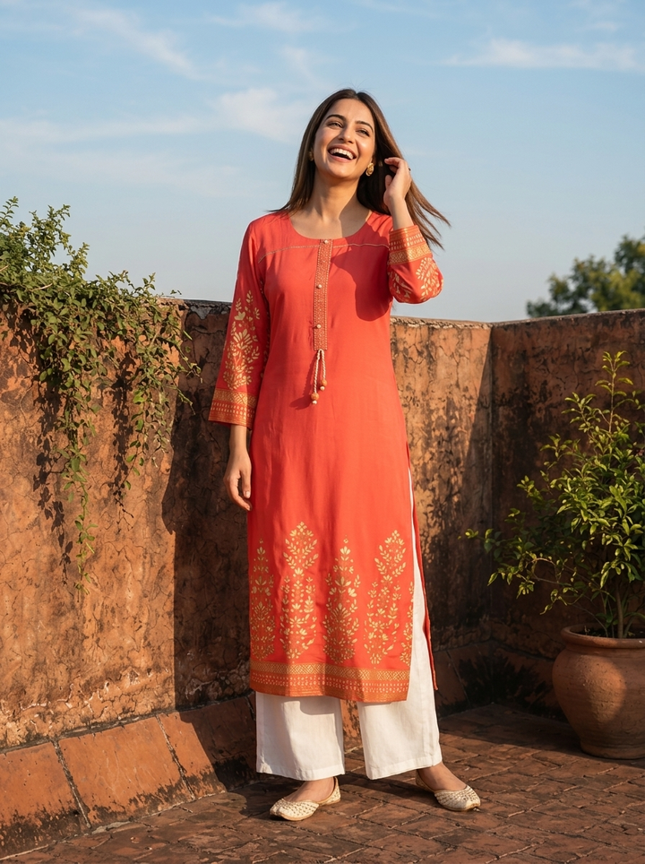 Coral Orange Rayon Floral Motifs Printed Kurta