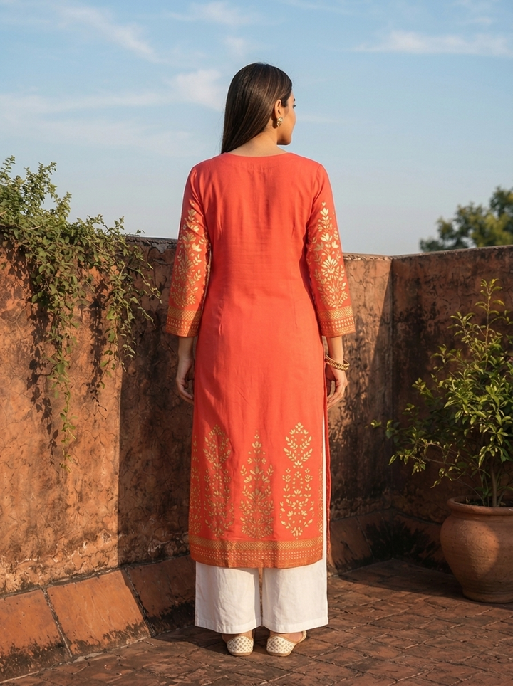 Coral Orange Rayon Floral Motifs Printed Kurta