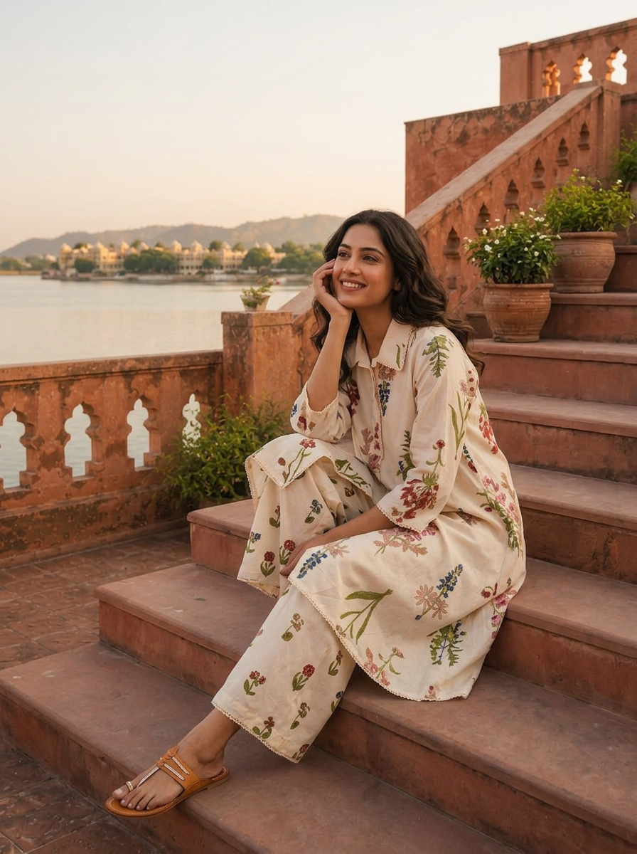 Cream Cotton Scattered Wildflower Motifs Printed Co-ord Set